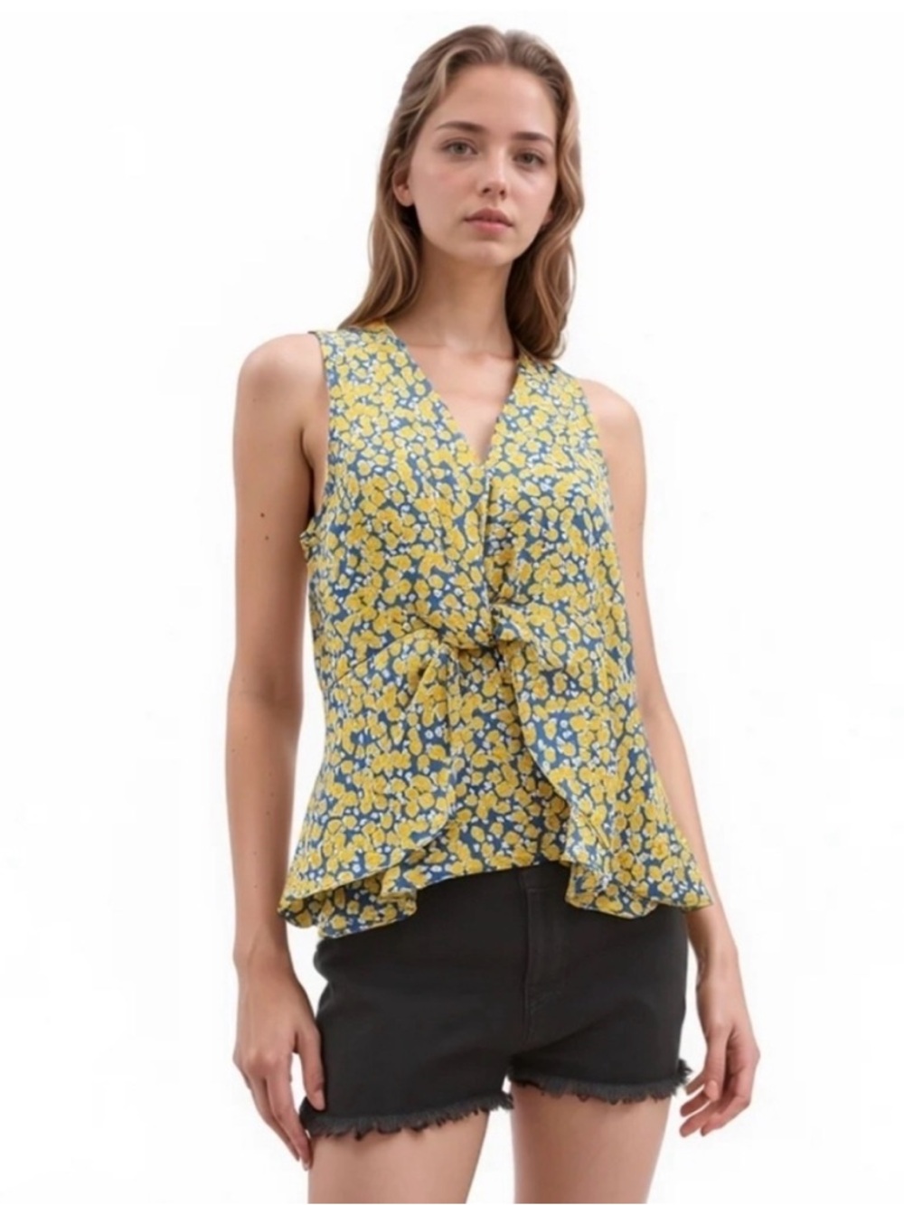 NEW Pleione V-Neck Twist Front Floral Print Top size Small
